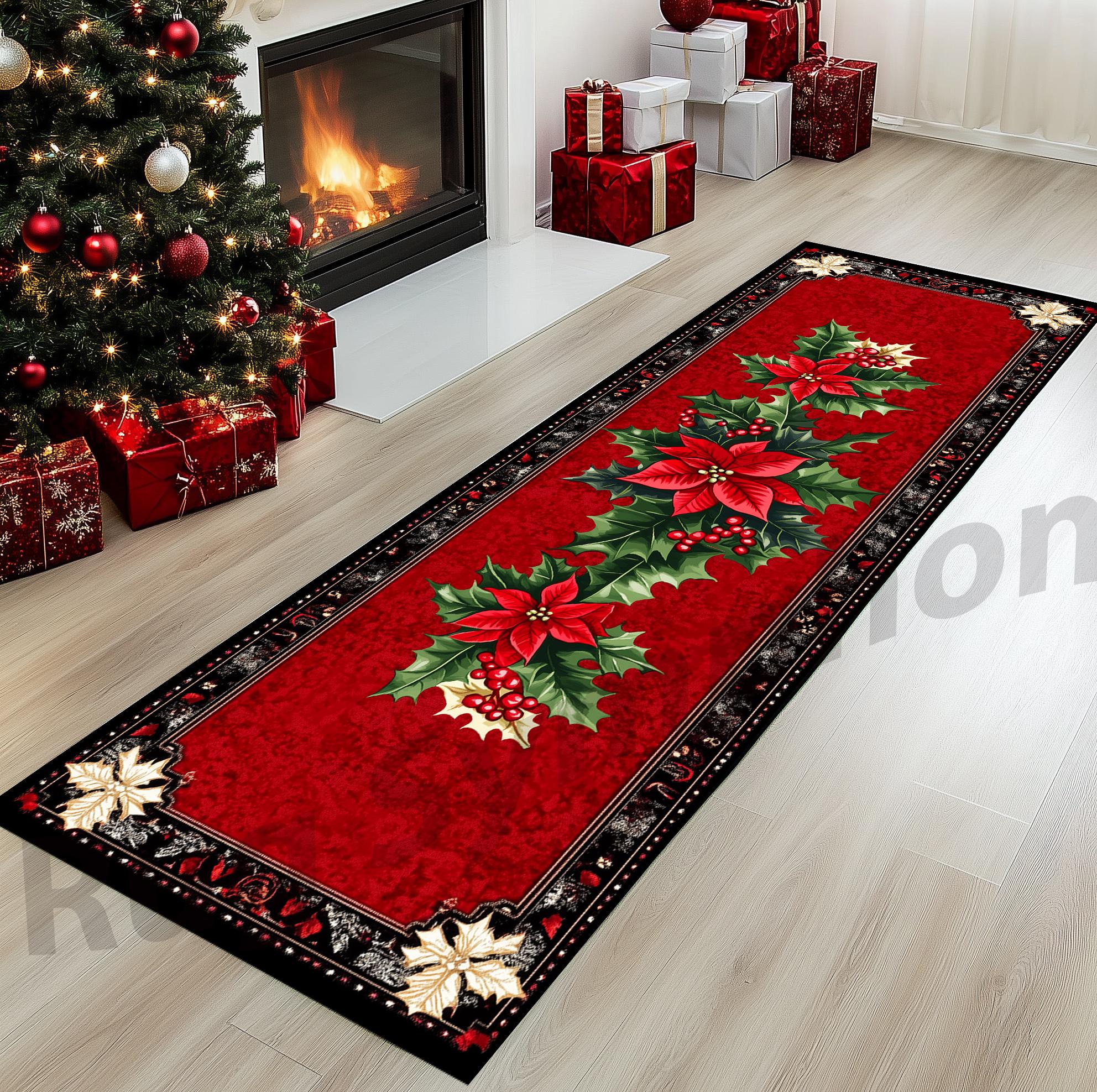 Christmas Poinsettia Runner Rug, Xmas Hallway Decor