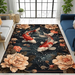 Rustic Koi Fish and Roses Rug, Abstract Japanese Pattern Rug, Koi Fish Rug, Koi Fish Pattern Rug, Pond Fish Rug, Koi Fish Area Rug