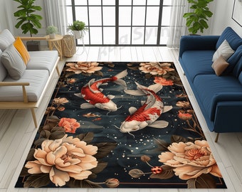 Koi Fish and Roses Rug: Abstract Japanese Pattern
