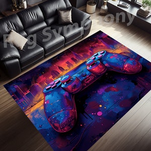Könnte beinhalten: Ein bunter Teppich mit einem Videospiel-Controller-Design. Der Controller ist blau, lila und pink mit einem Stadtbild im Hintergrund.