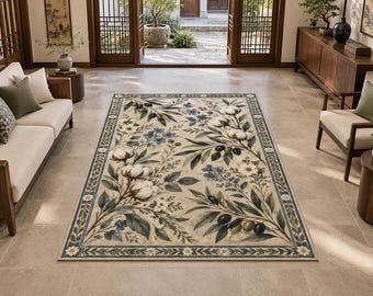 Botanical Decor Rug, Olive Cotton Art Rug, Sage Floral Rug, Blue Wildflower Rug, Cottage Garden Rug, Farmhouse Nature Rug