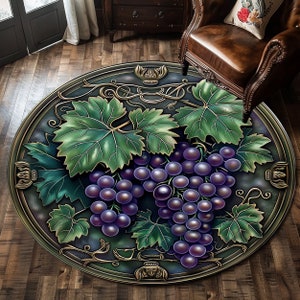 May include: A round rug with a dark green background and a gold border. The rug features a detailed illustration of a bunch of purple grapes hanging from a vine with green leaves.