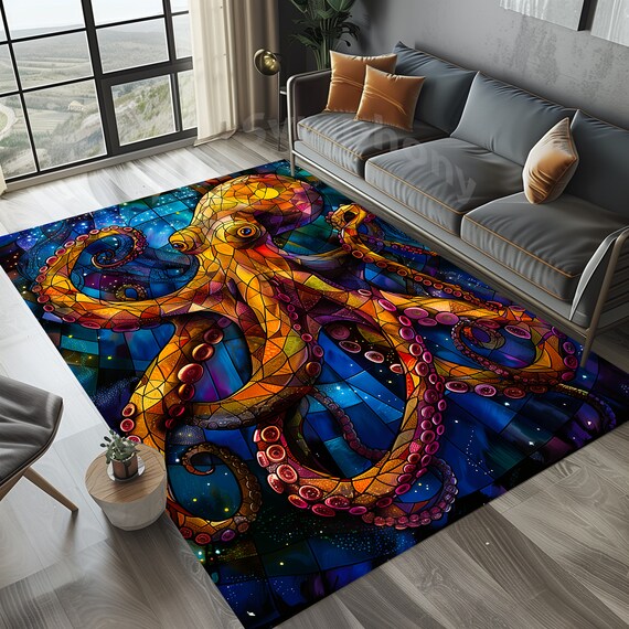 Mosaic Octopus Rug: Psychedelic Colorful Area Rug