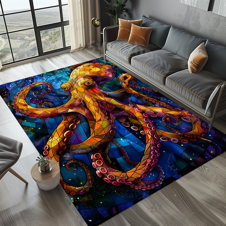 K&ouml;nnte beinhalten: Ein bunter Teppich mit einem Buntglasdesign eines Oktopus mit Tentakeln. Der Oktopus ist gelb, orange und lila, und der Hintergrund ist blau und schwarz.