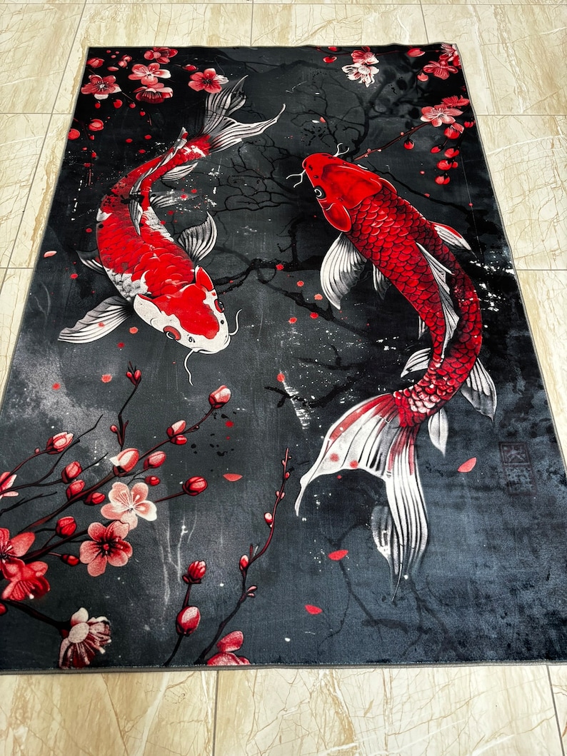 Red Koi Rug Koi Fish and Cherry Blossom Rug, Abstract Japanese Pattern - Etsy