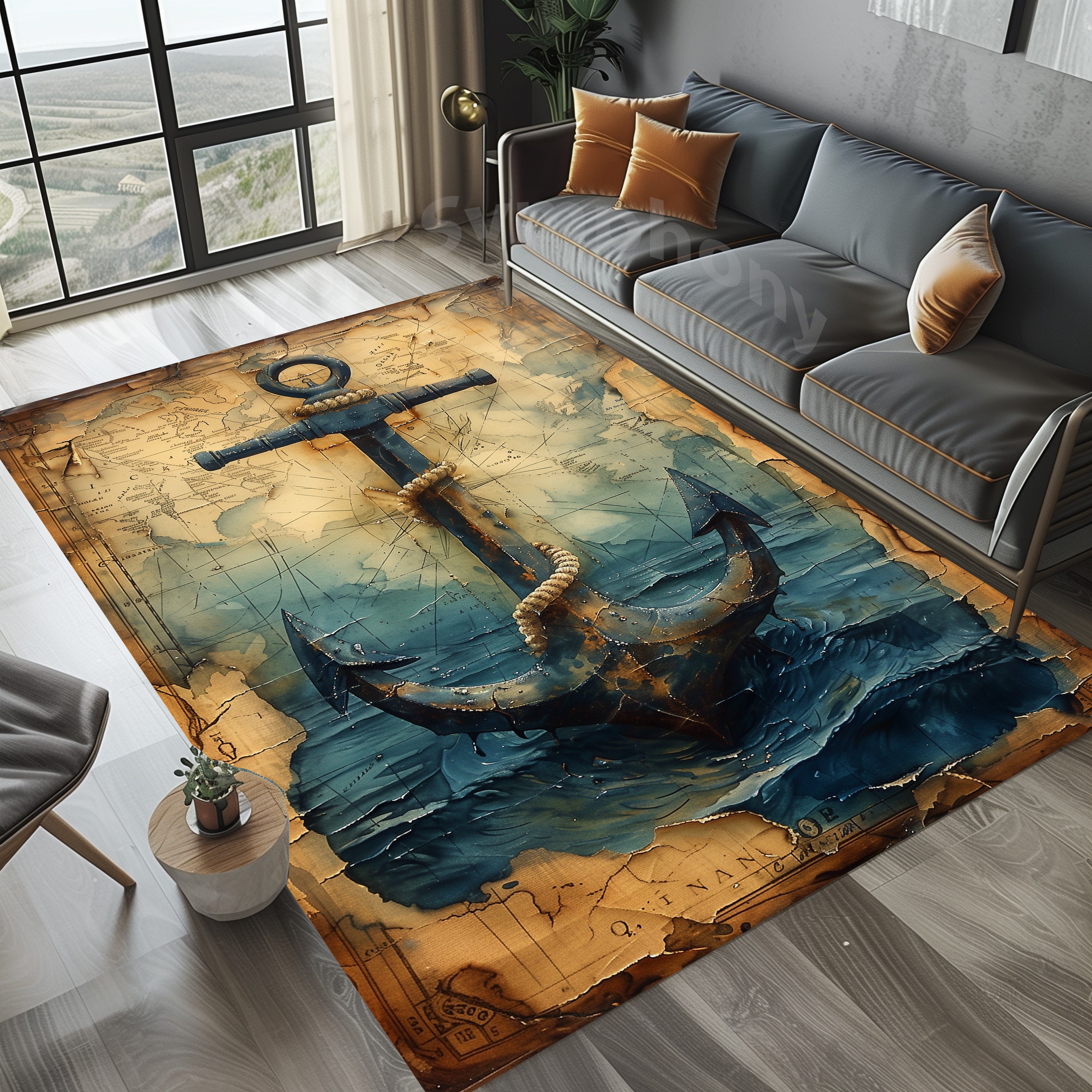 Sailor Rug, Retro Look Anchor Area Rug, Oriental Look Anchor Pattern Rug, Anchor Rug, Nautical Area Rug, Nautical Rug, Sea Area Rug