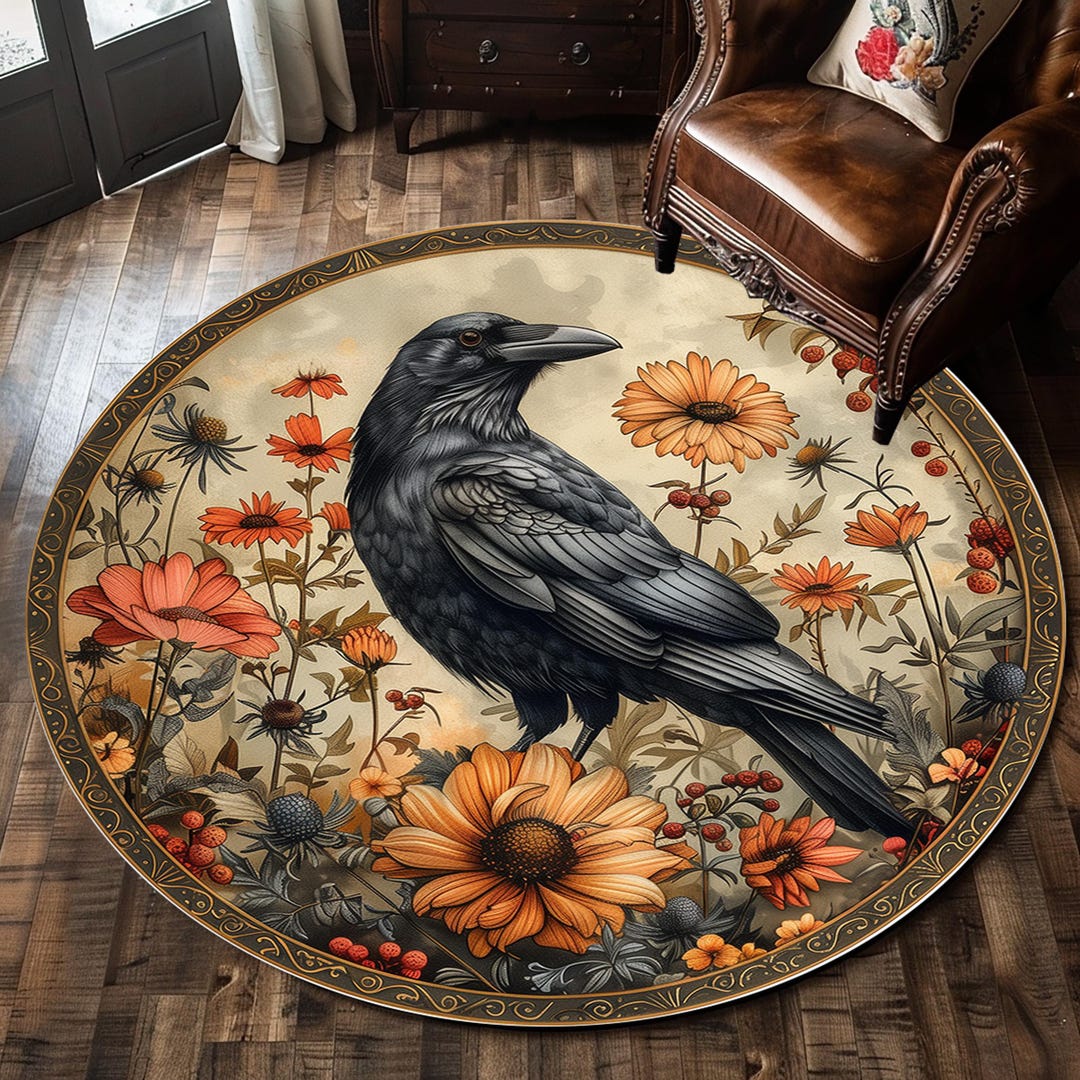 Crow Round Rug: Traditional Painting Style, Rustic Boho Decor - Etsy