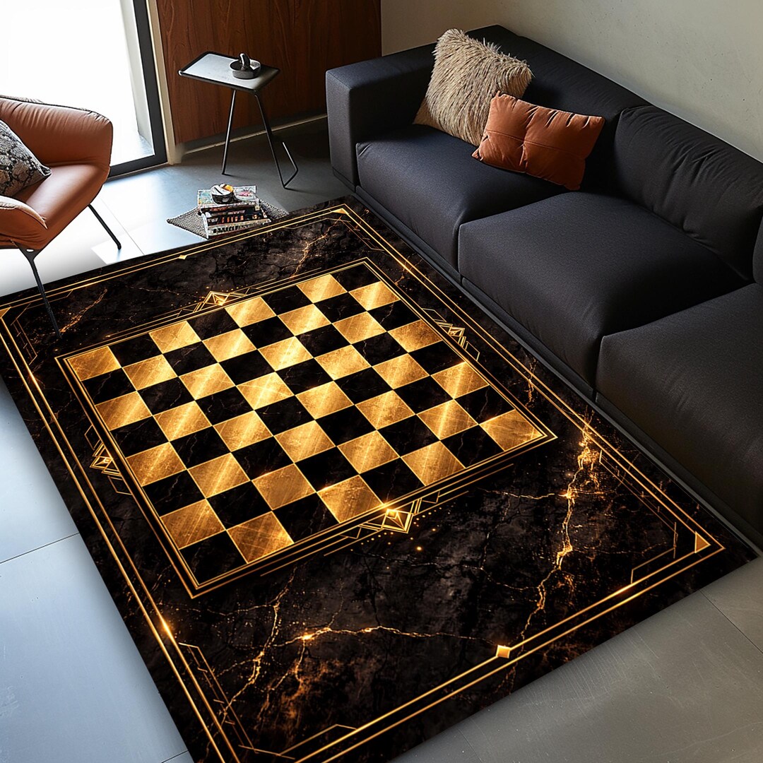 Chess Board Pattern Rug Marble Chess Board Rug, Golden Art Deco Chessboard Floor Mat - Etsy