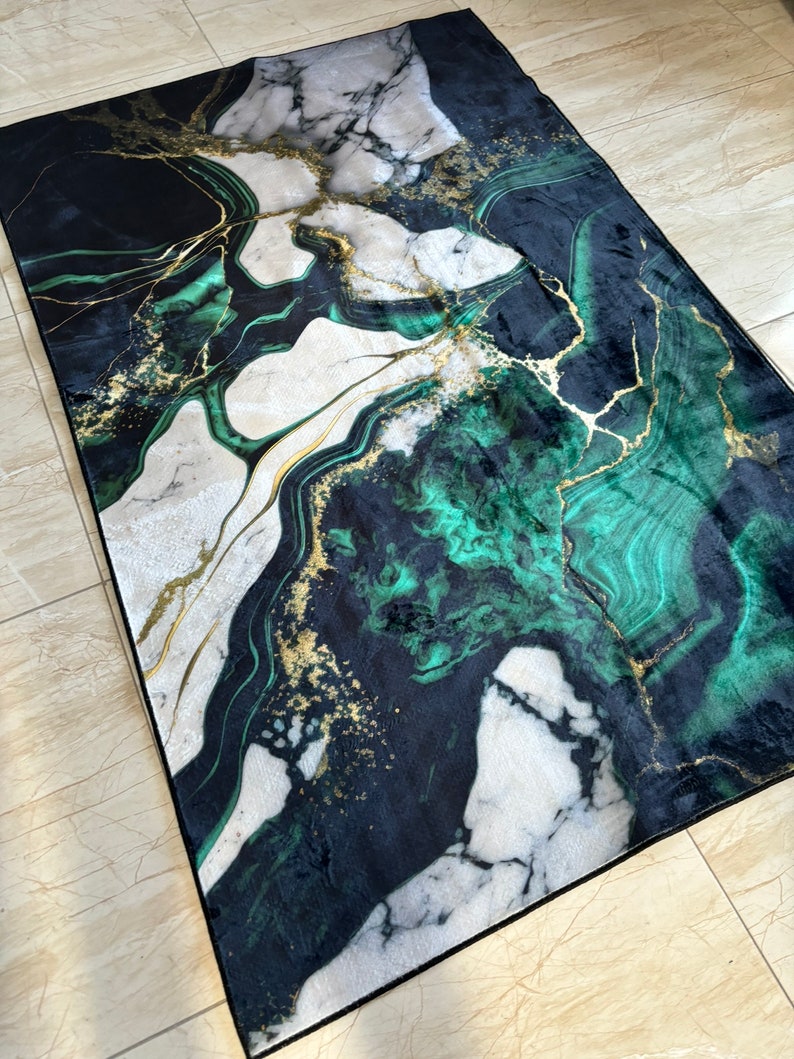 Teal Color Geometric Shapes Rug, Emerald Green Shapes Rug, Marble ...