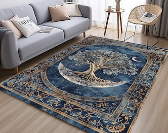 Tree of Life Rustic Rug, Rustic Tree Rug, Midnight Blue Tree Rug, Traditional Tree Rug, Painting Style Tree Rug, Tree Area Rug