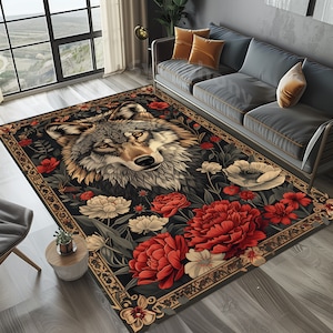 Rustic Wolf Rug, Wolf in Flowers Rug, Wolf Area Rug, Wolf Rug, Viking Wolf Rug, Viking Rug, Wolf Theme Rug, Wolf Roses Rug