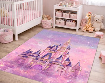 Pink Princess Castle Rug, Girls Room Decor, Fantasy Design