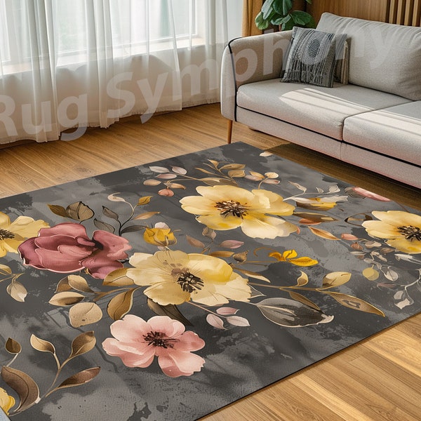 Oriental Watercolor Floral Rug, Gray and Yellow Floral Pattern Rug, Vintage Look Floral Rug, Floral Pattern Rug, Flower Area Rug