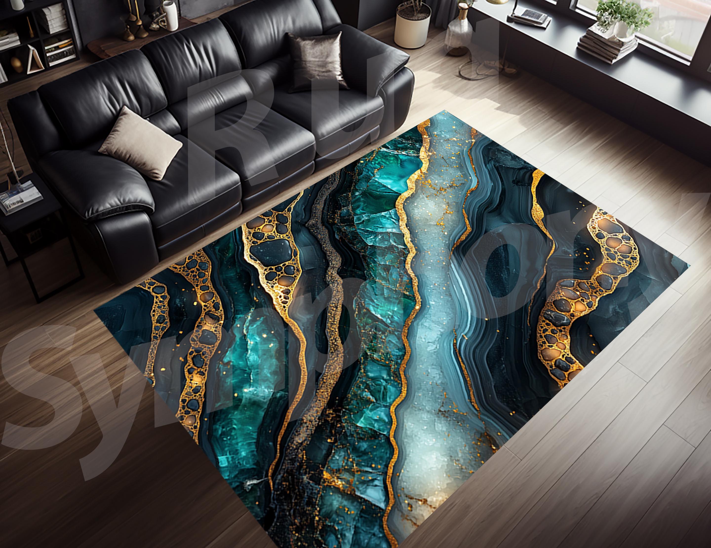 Teal Marble Area Rug: Green, Black, and Gold Abstract Texture
