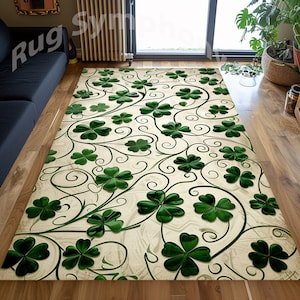 May include: A cream-colored rug with a repeating pattern of green four-leaf clovers and swirling vines.