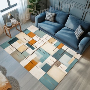 Blauwgroen en oranje geometrisch vloerkleed: modern design uit het midden van de eeuw