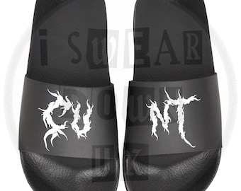 Heavy Metal Sweary Sliders – Left/Right Foot Labels – Alternative Goth Footwear – Funny Festival Sandals – ISwearDownUK