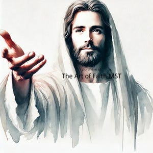 May include: A watercolor painting of Jesus Christ with a long beard and long hair, wearing a white robe. He is reaching out his hand with his palm facing forward. The text "purchase at The Art of Faith MST" is at the bottom of the image.
