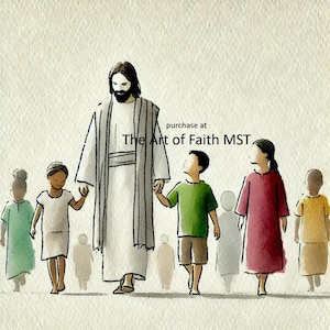 Può includere: Un dipinto ad acquerello di Gesù Cristo che guida un gruppo di bambini. I bambini si tengono per mano e camminano con Gesù. Il dipinto è intitolato "The Art of Faith MST" e include il testo "purchase at".