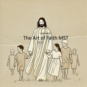 Può includere: Un disegno in bianco e nero di Gesù Cristo che cammina con dei bambini. Il testo "The Art of Faith MST" è scritto sopra l'immagine.