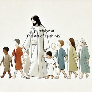 Puede incluir: Una ilustración de acuarela de Jesucristo caminando con un grupo de niños. Los niños visten ropa de diferentes colores. El texto "purchase at The Art of Faith MST" está escrito en la esquina superior derecha de la imagen.
