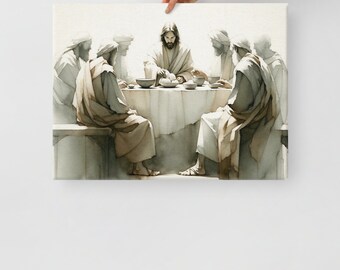 May include: A watercolor painting depicting Jesus and his disciples at the Last Supper. The painting is done in shades of gray and brown, with a white tablecloth and a simple setting. Jesus is seated at the head of the table, with his disciples seated around him.