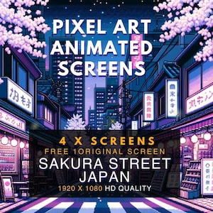 Sakura Street Japan Animated Screens | Pixel Art Twitch Overlay Pack for Vtuber