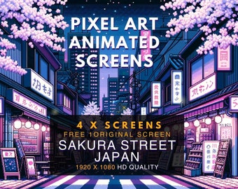 Animated Scene | Pixel Art Screens | Sakura Japan Street View | 4 x Stream Package | Twitch Stream Screen  | Twitch Stream Overlay | Vtube