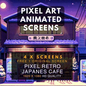 Op de afbeelding: Pixel art geanimeerde schermen met een Japans café met een besneeuwde straat scène 's nachts. De tekst luidt "PIXEL ART ANIMATED SCREENS", "4 X SCREENS", "FREE 1 ORIGINAL SCREEN", "PIXEL RETRO", "JAPANES CAFE" en "1920 X 1080 HD QUALITY".
