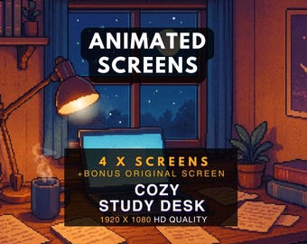 Pantallas animadas de escritorio de estudio acogedor / Paquete de superposiciones de Twitch de baja fidelidad con estilo pixel art para Vtuber y streamers
