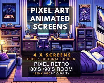 Animated Scene | Pixel Art Screens | Retro Room 80&#39;s 90&#39;s | 4 x Stream Package | Twitch Stream Screen  | Twitch Stream Overlay | Vtube