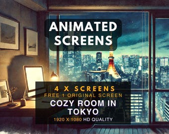 May include: An illustration of a cosy room with a view of Tokyo at night. The image features a desk with a laptop, a bookshelf, and framed artwork. Text on the image reads "ANIMATED SCREENS" and "COZY ROOM IN TOKYO".