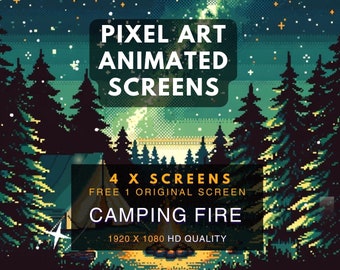 Animated Scene | Pixel Art Screens | Camping Fire | 4 x Stream Package | Twitch Stream Screen  | Twitch Stream Overlay | Vtube