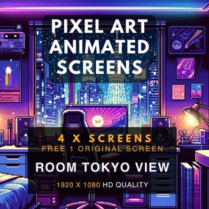 Puede incluir: Pantallas animadas de pixel art que muestran una habitación con vista a la ciudad de Tokio. La habitación tiene una cama, un escritorio, una computadora y un televisor. El texto de la imagen dice "PIXEL ART ANIMATED SCREENS 4 X SCREENS FREE 1 ORIGINAL SCREEN ROOM TOKYO VIEW 1920 X 1080 HD QUALITY".