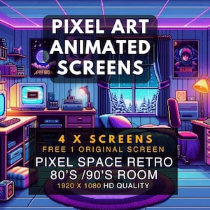 Puede incluir: Pantallas animadas de pixel art para una habitación retro de los años 80 o 90. La imagen muestra una habitación pixelada con una computadora, una cama, una ventana y una puerta. El texto en la imagen dice "PIXEL ART ANIMATED SCREENS 4 X SCREENS FREE 1 ORIGINAL SCREEN PIXEL SPACE RETRO 80'S/90'S ROOM 1920 X 1080 HD QUALITY".