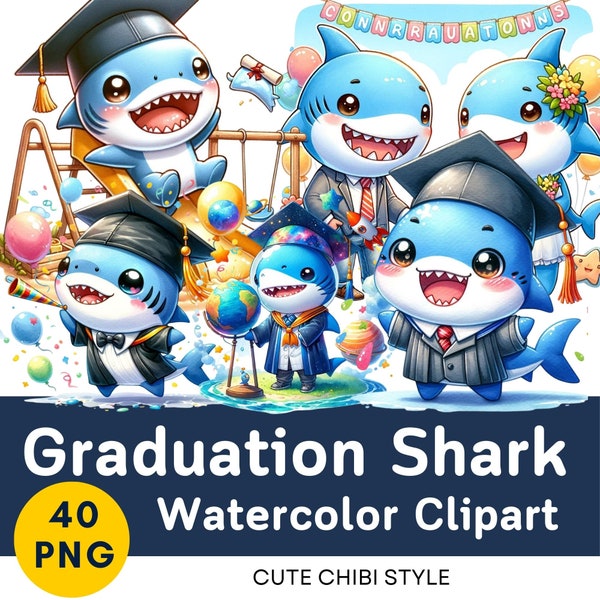 Graduation shark watercolor chibi cute shark clipart, Adorable Graduation Shark with Grad Hat, Sea Shark Ocean Animals Print PNG