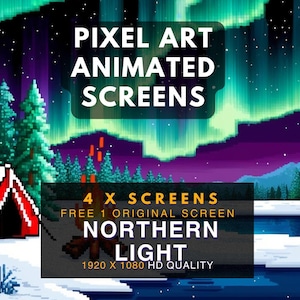 Animated Scene | Pixel Art Screens | Camping Fire Northern Light | Stream Package | Twitch Stream Screen  | Twitch Stream Overlay | Vtube