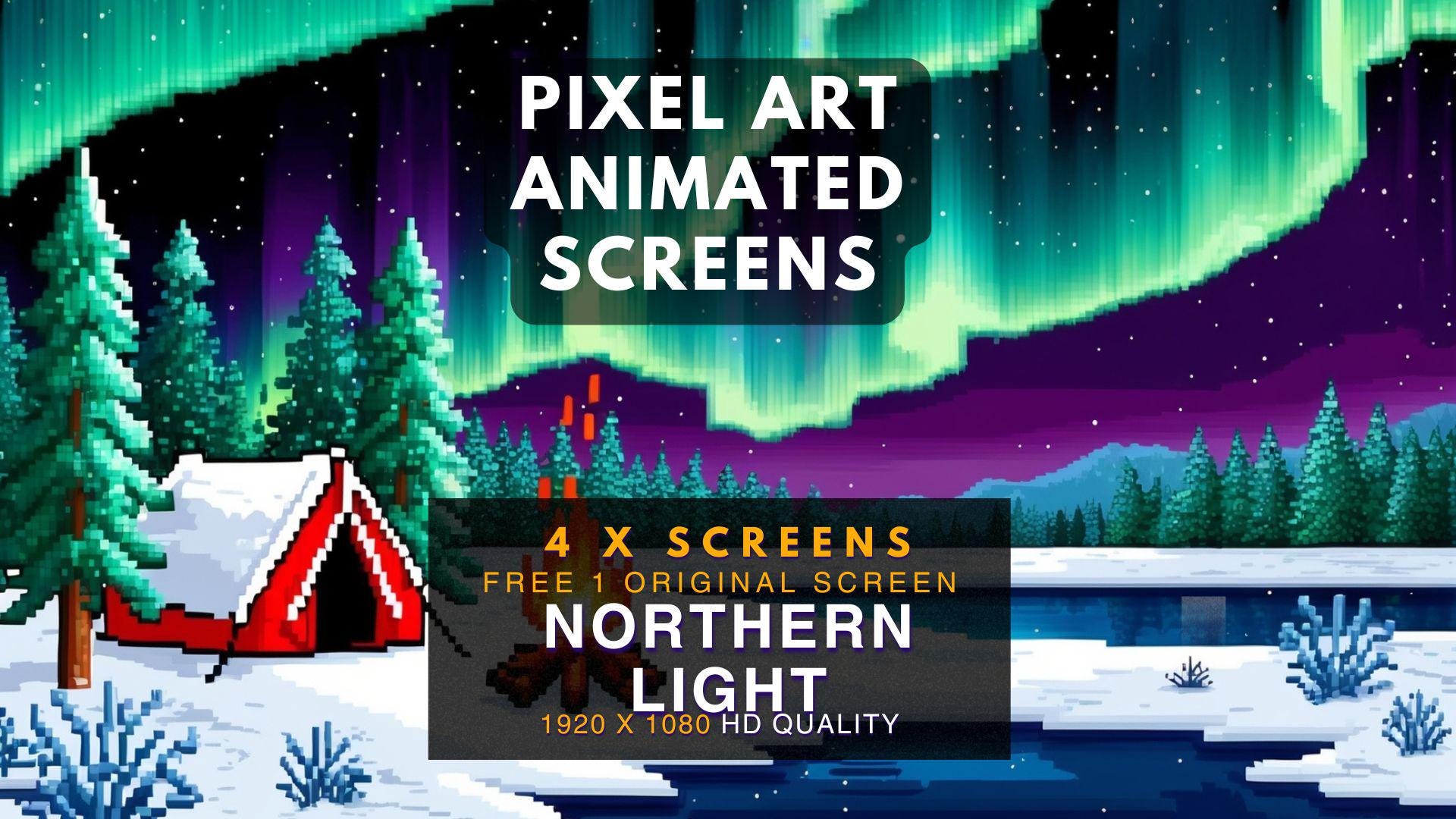 Animated Scene | Pixel Art Screens | Camping Fire Northern Light | Stream Package | Twitch Stream Screen  | Twitch Stream Overlay | Vtube