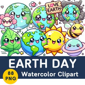Kawaii Earth Clipart Set, Cute Eco Clipart for Teachers and Kids, Earth Day Digital Graphics, Green World, Recycle, Nature Icons