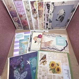 Cartões de felicitações artesanais em branco variados com envelopes, conjunto de 12, pássaros/borboletas/flores