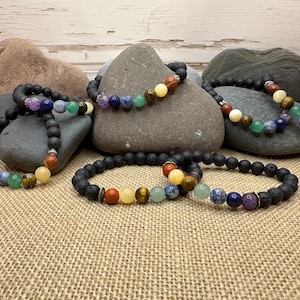 Handmade 7 Chakra Gemstone Bracelet: 8mm Lava Rock Diffuser