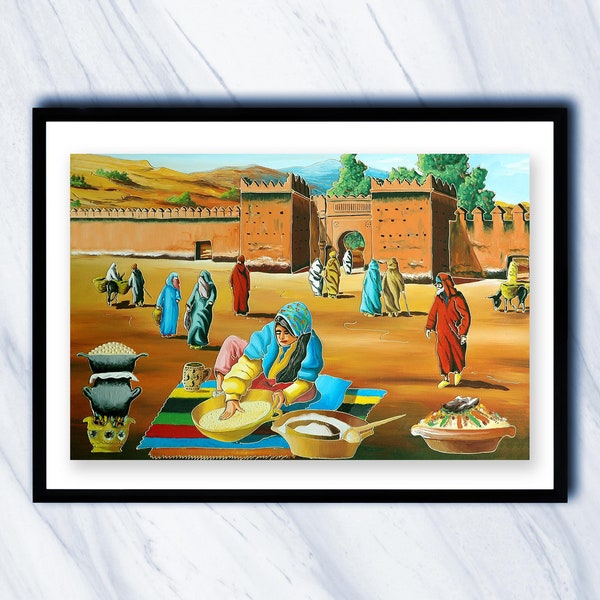 Oriental Painting: Moroccan Woman Preparing Couscous in front of a Kasbah.