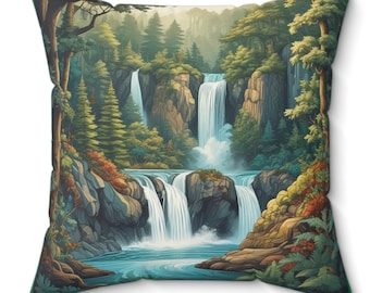 Almohada Cascada del Bosque: Estampado de Naturaleza de Doble Cara