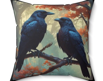 Black Crow Pillow: Raven Art, Double-Sided Print