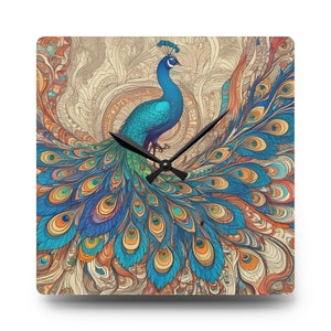 Gorgeous Peacock Acrylic Wall Clock | Beautiful colorful birds! | 10.75&quot; x 10.75&quot; |Free Shipping in the U.S.