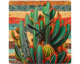 Cactus Acrylic Wall Clock: Southwestern Desert Decor