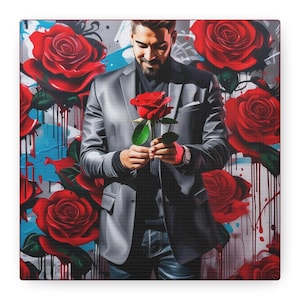 Handsome Man with Roses Canvas Gallery Wrap | Romantic Art | Free Shipping