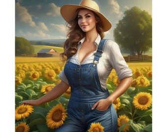 Female Farmer Art Poster: Sunflower Field Portrait