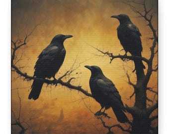 ブラッククロウキャンバスアート：不気味なカラスのプリント
