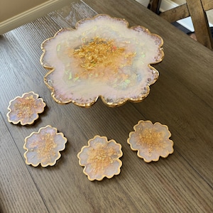 OPAL CAKE HOLDER iridescent white geode resin Cake tray on gold pedestal 13"